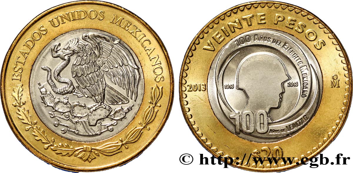 MEXIKO 20 Pesos centenaire de l’Armée Mexicaine 2013  fST 