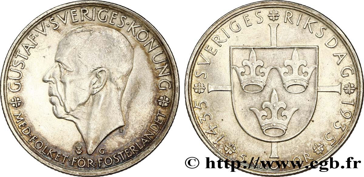 SUÈDE 5 Kronor Gustave V 1936  TTB+ 