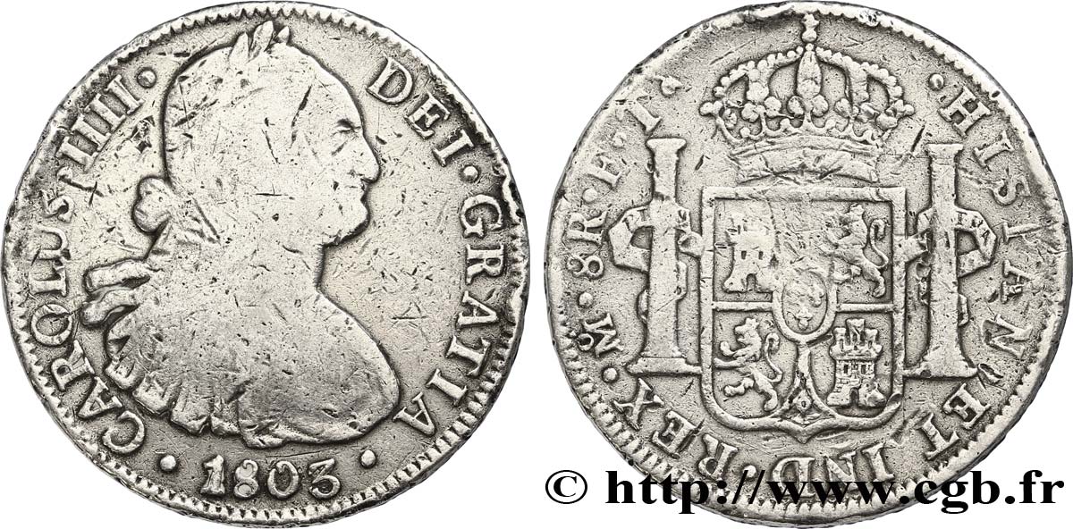 MEXIQUE 8 Reales Charles IIII d’Espagne 1803 Mexico B+/TTB 