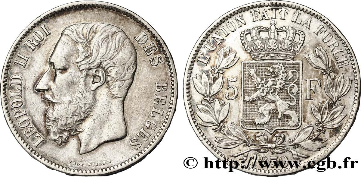 BELGIQUE 5 Francs Léopold II / Écu couronné 1870  TB+ 