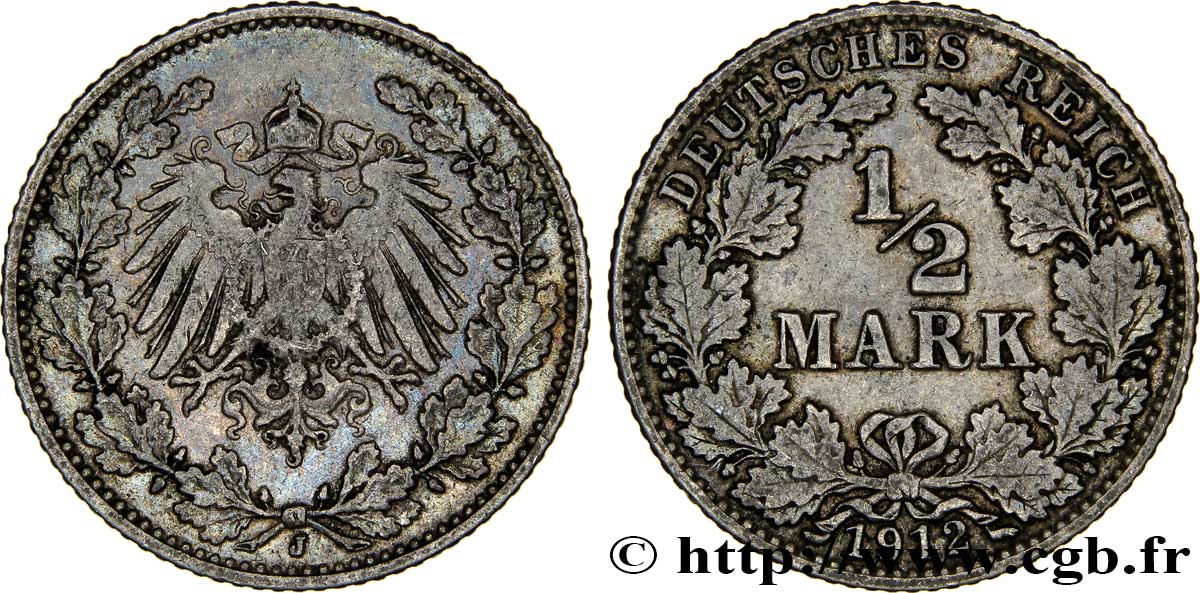 ALLEMAGNE 1/2 Mark Empire aigle impérial 1912 Hambourg - J SUP 