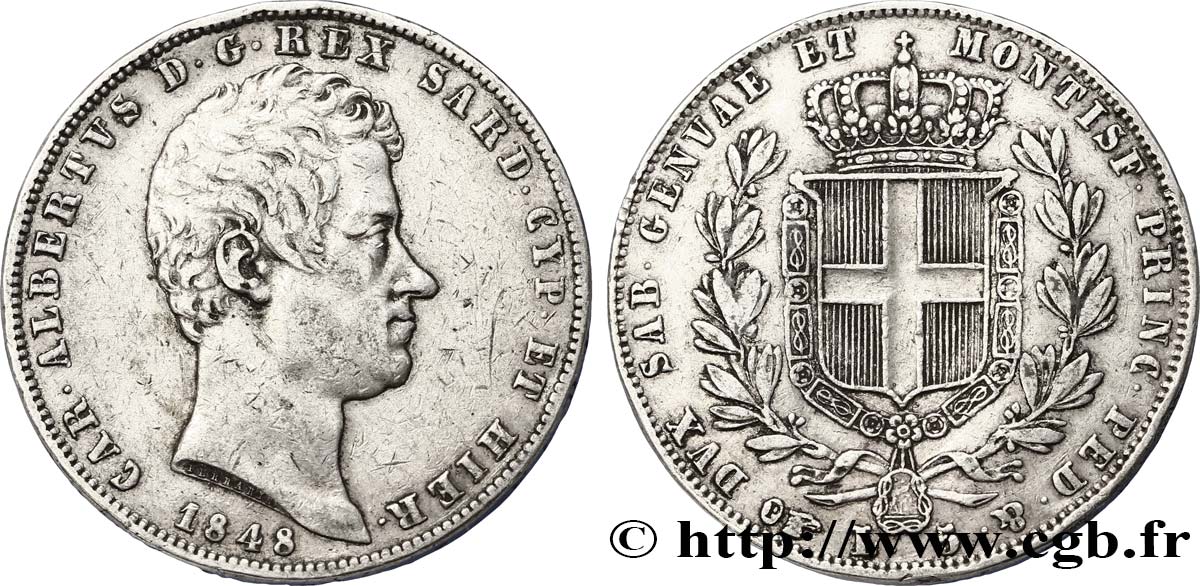 ITALY - KINGDOM OF SARDINIA 5 Lire Charles Albert 1848 Turin XF 