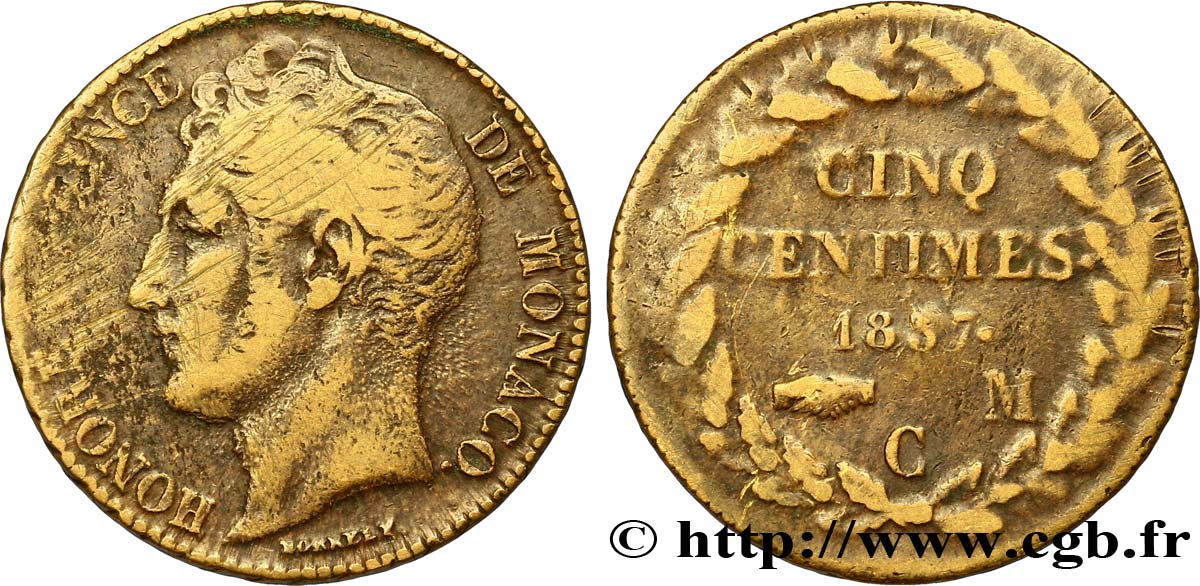 MONACO 5 Centimes Honoré V grosse tête en cuivre jaune 1837 Monaco TB 