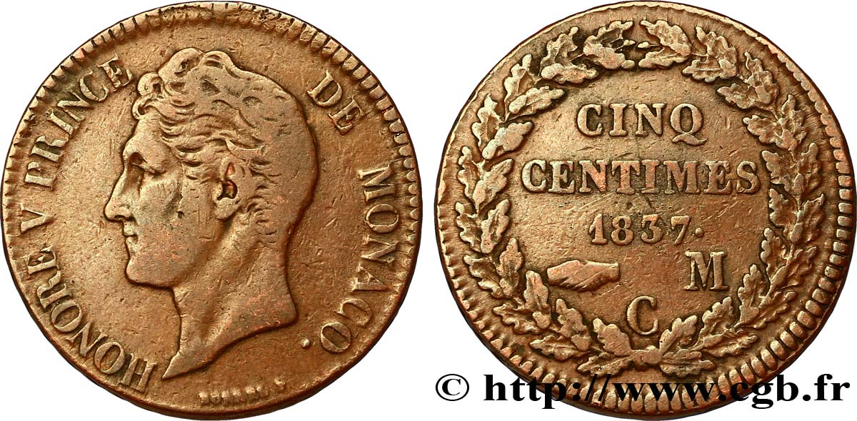 MONACO 5 Centimes Honoré V petite tête en cuivre rouge 1837 Monaco TB+ 