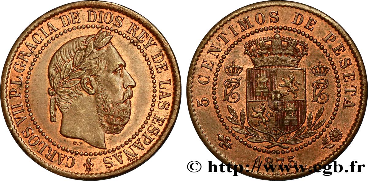 ESPAGNE 5 Centimos Charles VII (Charles de Bourbon, prétendant carliste) 1875 Oñate SPL 