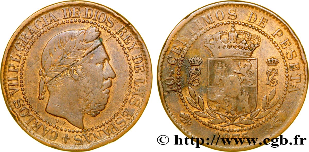 SPAIN 10 Centimos Charles VII 1875 Oñate VF 