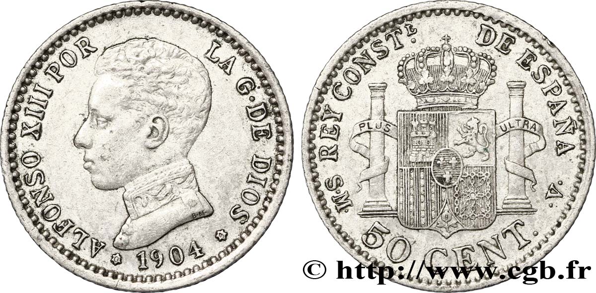 ESPAGNE 50 Centimos Alphonse XIII / emblème couronné S.M. - .V. 1904 Madrid TTB+ 