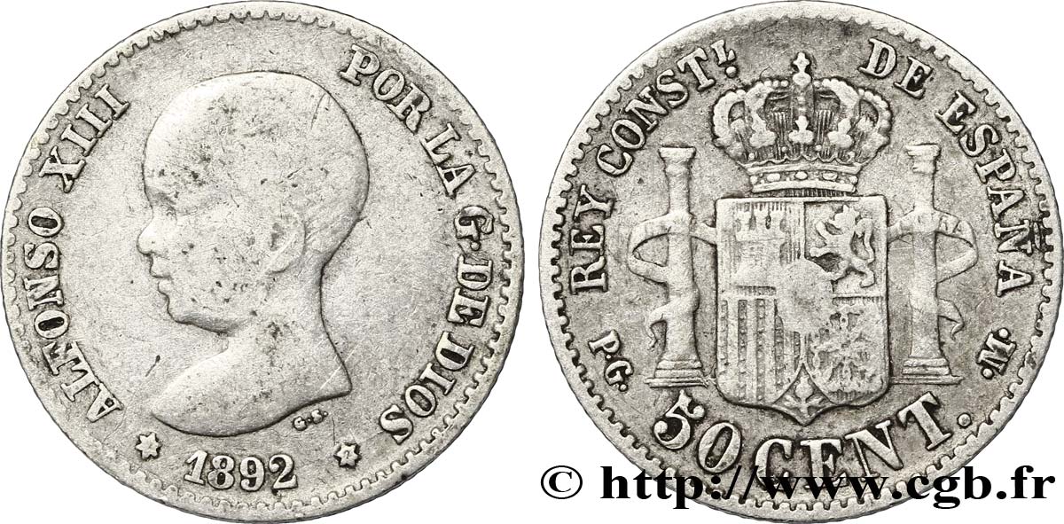 ESPAÑA 50 Centimos Alphonse XIII buste bébé 1892 Madrid BC+ 
