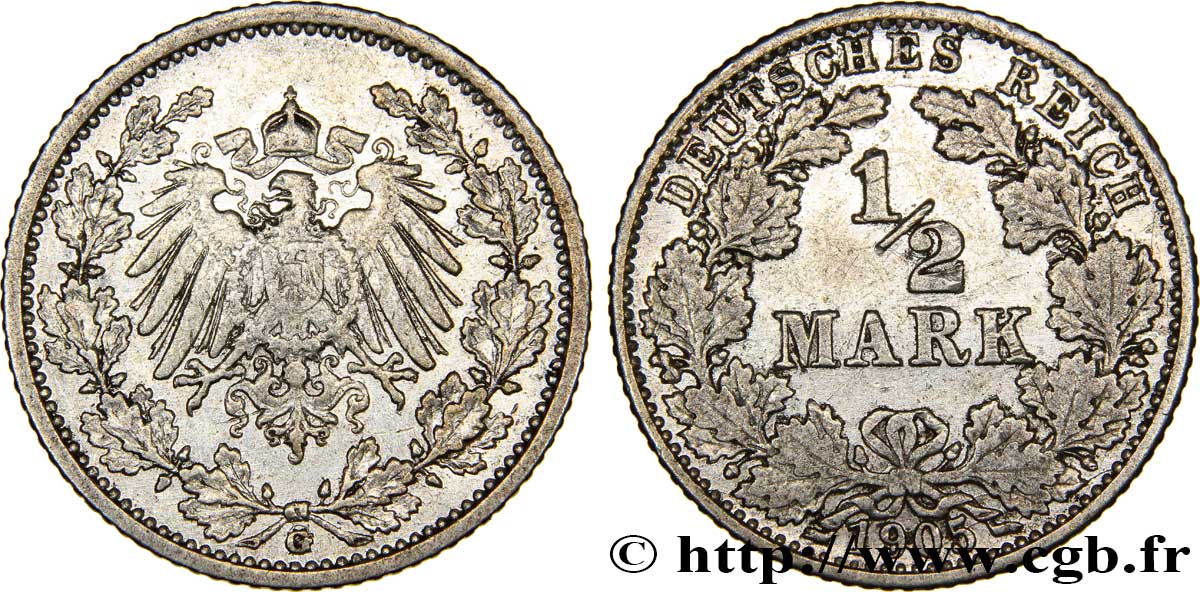 ALLEMAGNE 1/2 Mark Empire aigle impérial 1905 Karlsruhe - G SUP 