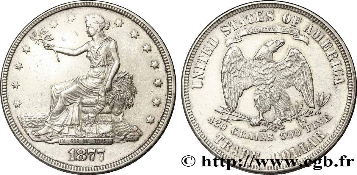 ÉTATS-UNIS D AMÉRIQUE 1 Dollar type “trade Dollar” aigle et liberté assise 1877 Philadelphie TTB 