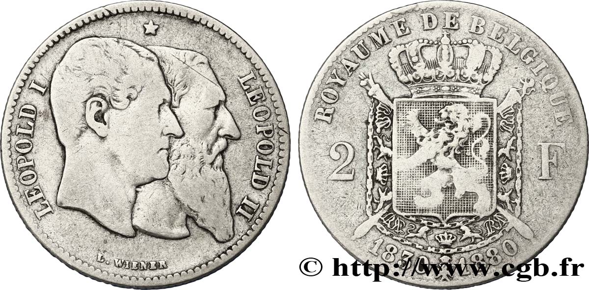 BELGIUM 2 Francs 50e anniversaire de l’indépendance 1880  VF 