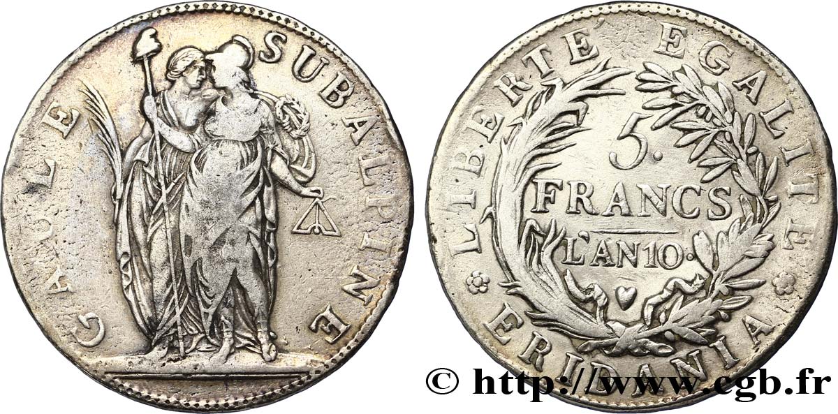 ITALIE - RÉPUBLIQUE SUBALPINE 5 Francs Gaule Subalpine figures allégoriques de la Gaule Subalpine et de la France 1801 an 10 Turin TB