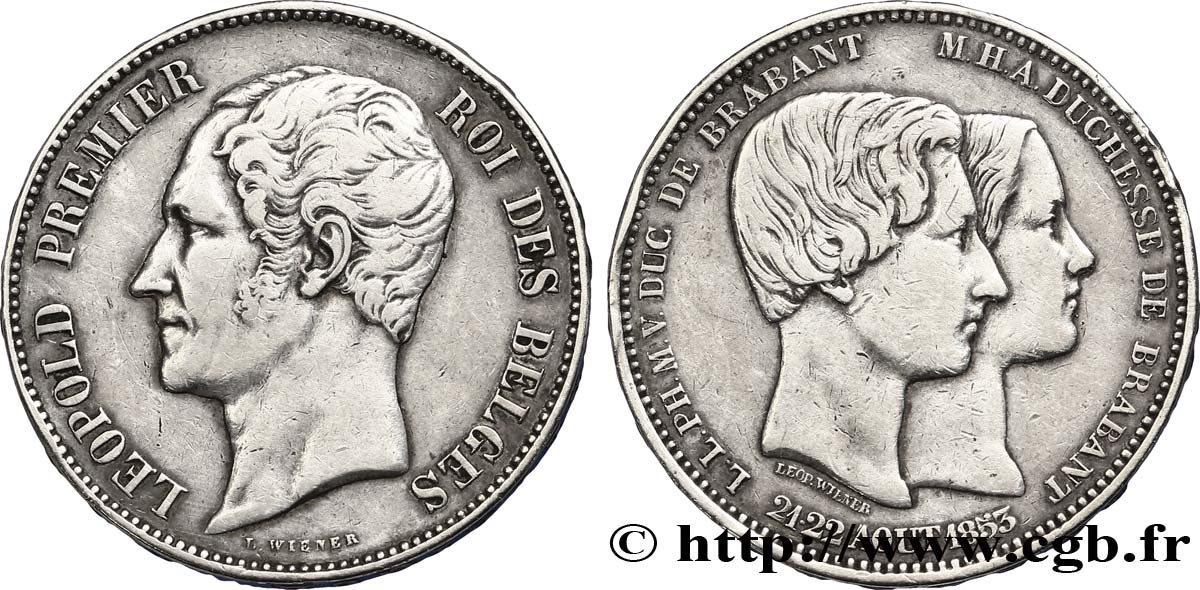 BELGIQUE 5 Francs mariage du Duc et de la Duchesse de Brabant 1853  TTB+ 