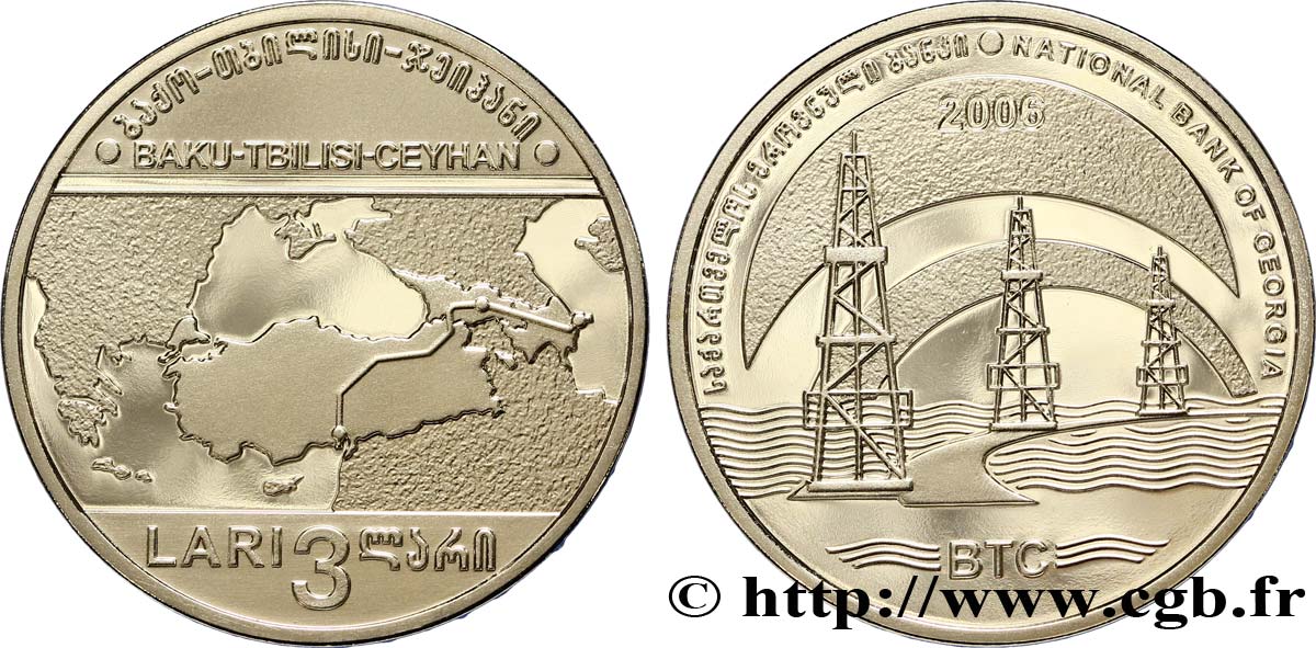 GEORGIE 3 Lari oléoduc Bakou - Tbilissi - Ceyhan : carte / 3 puits de pétrole 2006 Mennica Polska SPL 
