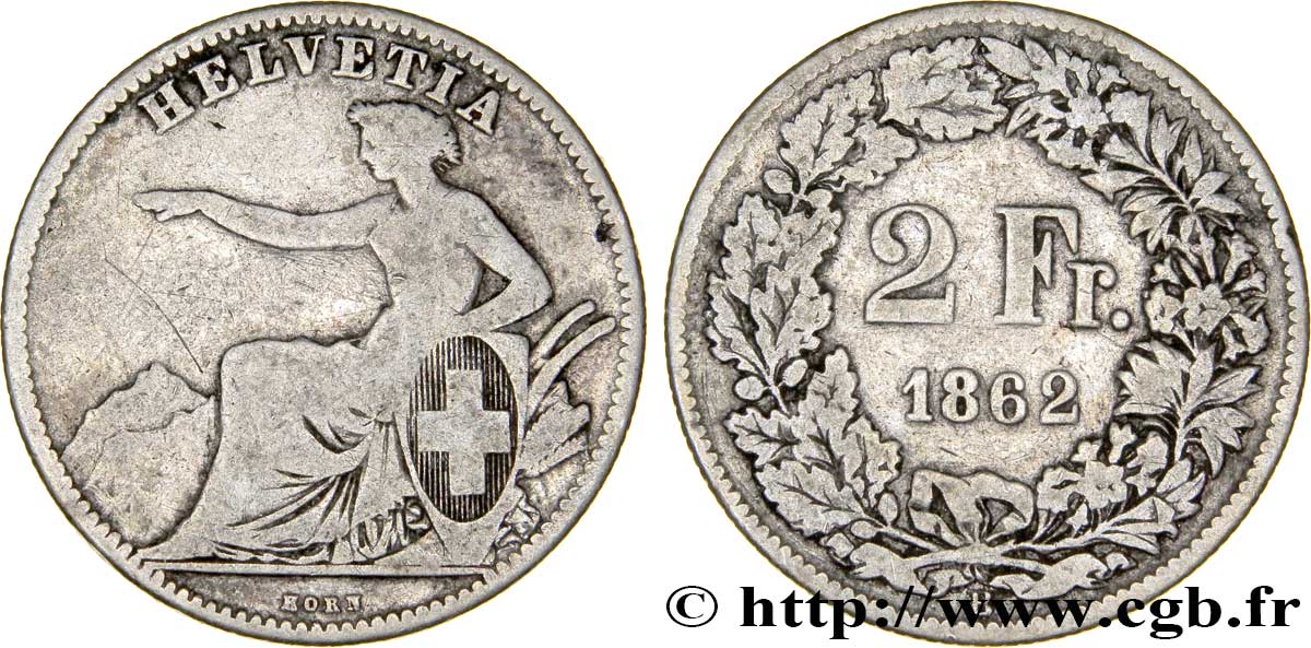SUISSE 2 Francs Helvetia 1862 Berne - B TB/TTB 
