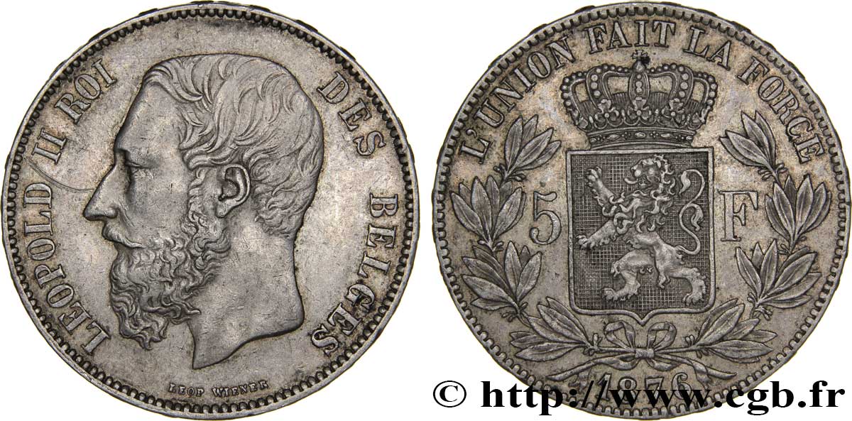 BELGIQUE 5 Francs Léopold II / Écu couronné 1876  TTB 