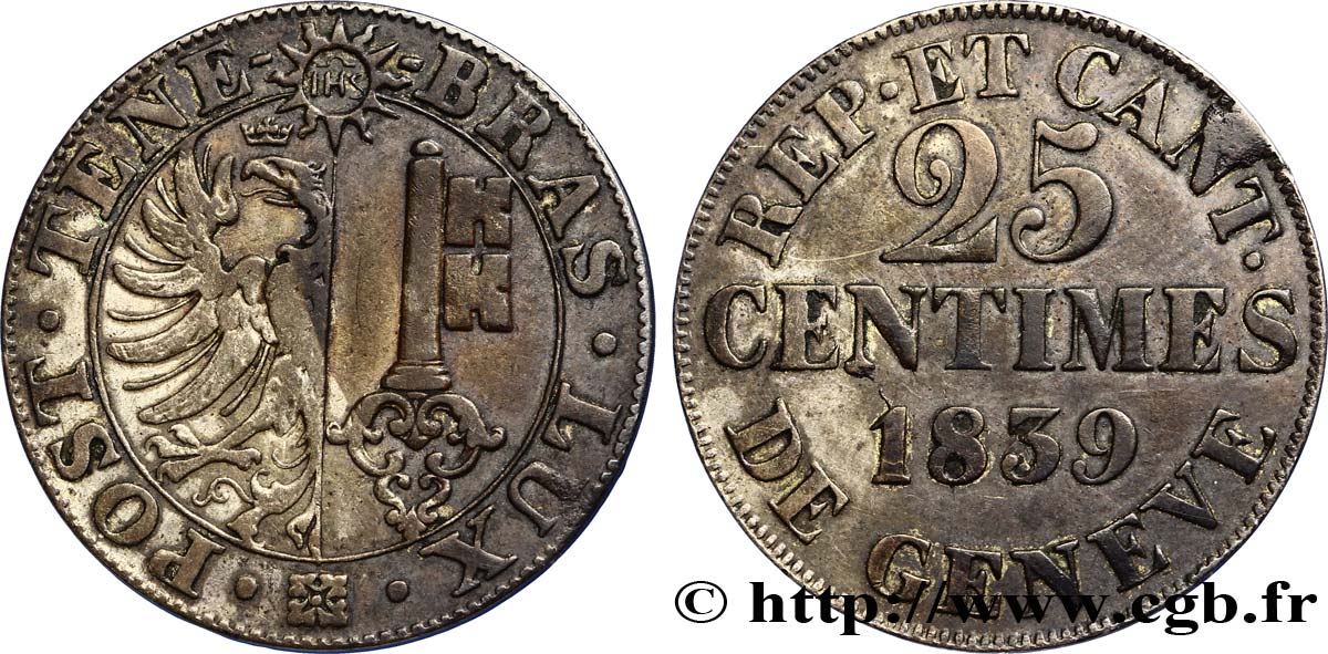 SUISA - REPUBLICA DE GINEBRA 25 Centimes - Canton de Genève 1839  BC+ 