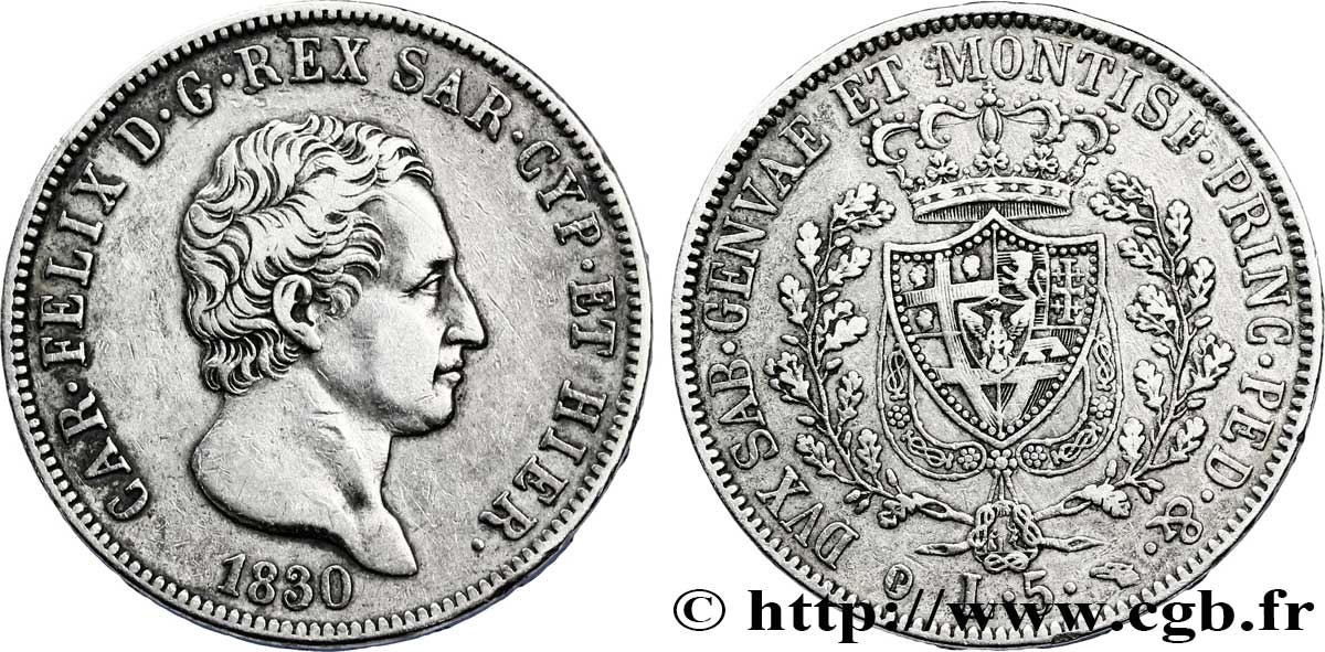 ITALIE - ROYAUME DE SARDAIGNE 5 Lire Charles Félix, roi de Sardaigne type lettre “P” 1830 Turin TTB 