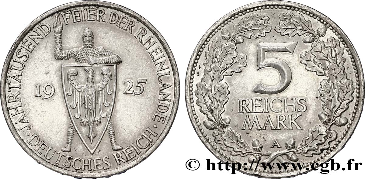GERMANY 5 Reichsmark 1000e anniversaire de la Rhénanie 1925 Berlin AU 