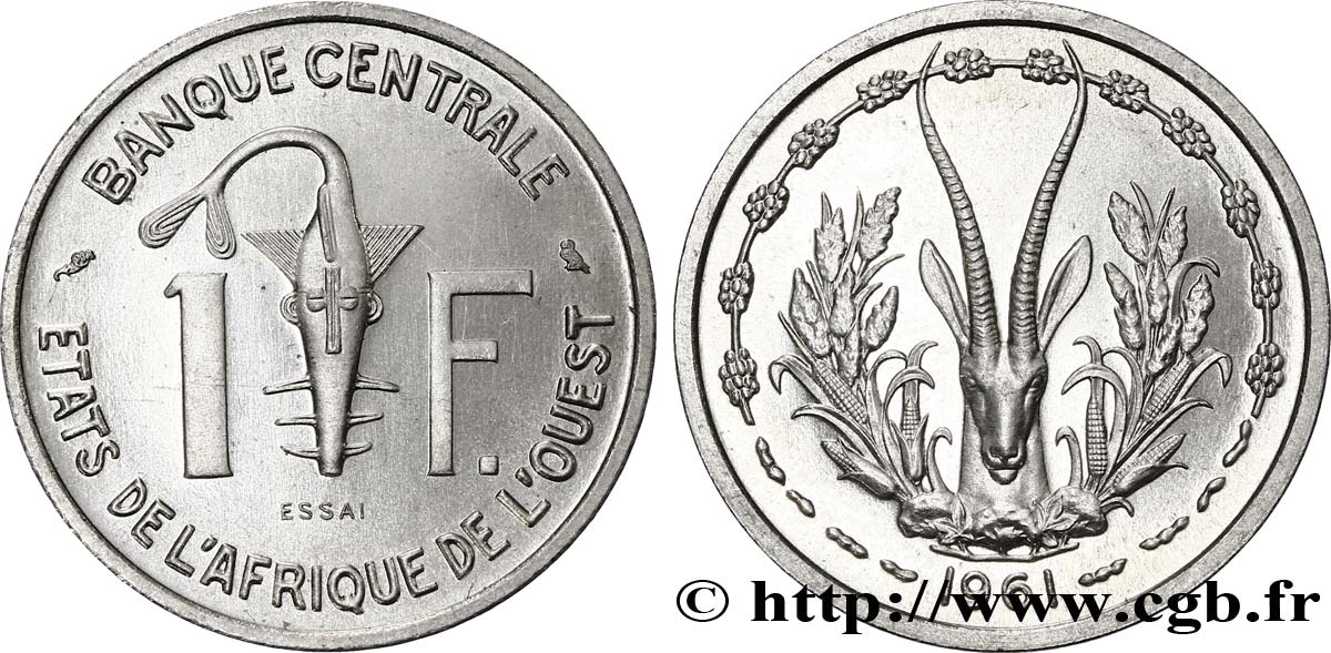 ÉTATS DE L AFRIQUE DE L OUEST (BCEAO) Essai de 1 Franc masque / antilope 1961 Paris FDC 