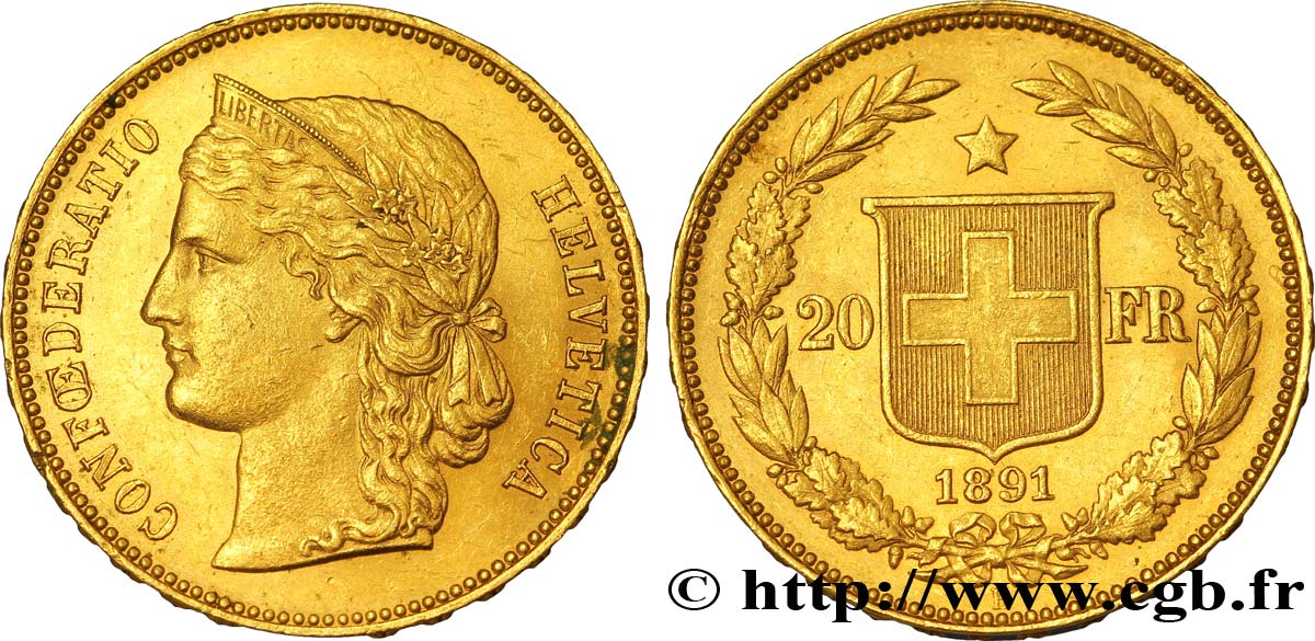 SUISSE 20 Francs or buste diadémé d Helvetia / croix suisse 1891 Berne - B SUP 