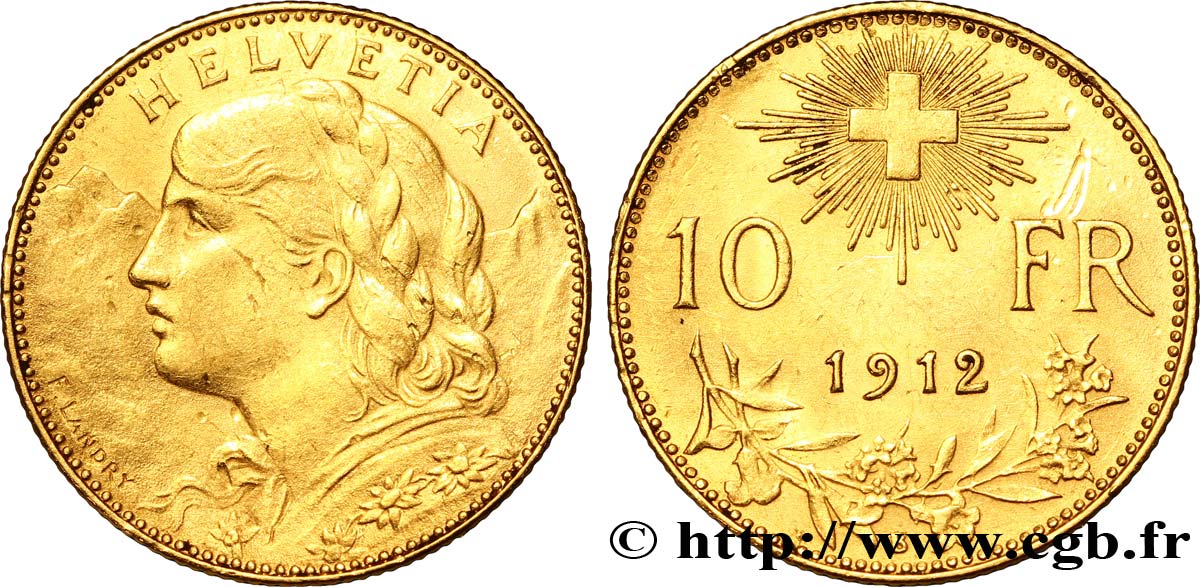 SUISSE 10 Francs or  Vreneli  Buste diadémé d Helvetia / Croix suisse 1912 Berne - B TTB+ 