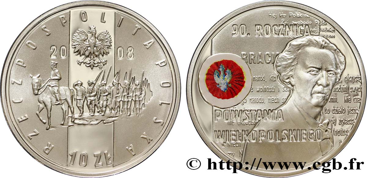 POLOGNE 10 Zlotych 90e anniversaire de la Grande Révolte Polonaise 2008  FDC 