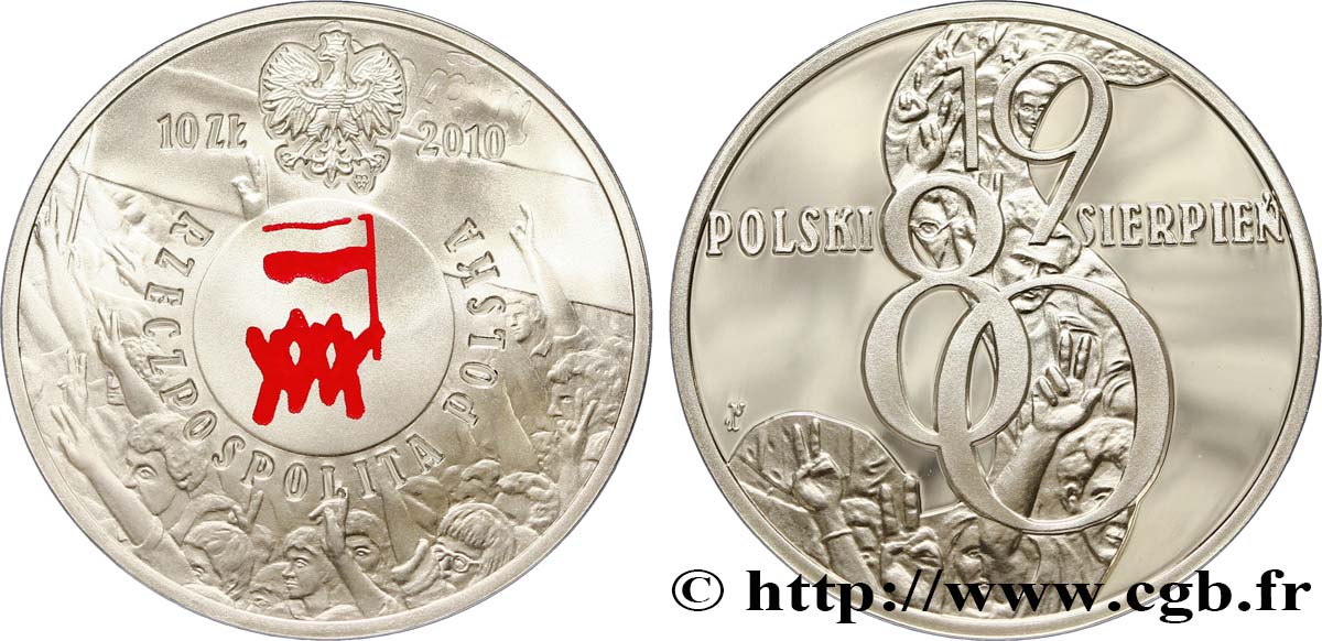 POLOGNE 10 Zlotych 30e anniversaire du mois d’Août Polonais 2010  FDC 