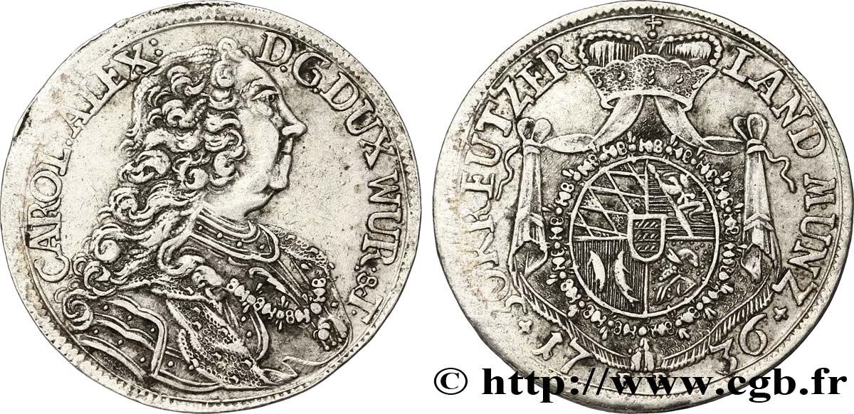ALLEMAGNE - WURTEMBERG 30 Kreuzer, 1/2 Gulden Charles Alexandre 1736 Stuttgart TTB 