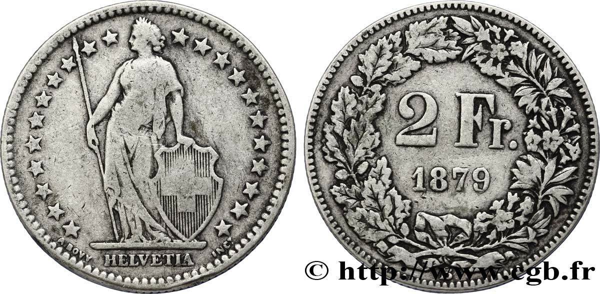 SUISSE 2 Francs Helvetia 1879 Berne - B TB 
