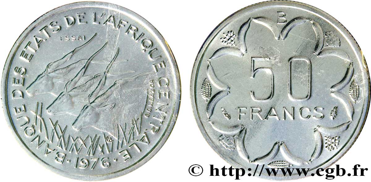 ESTADOS DE ÁFRICA CENTRAL
 Essai de 50 Francs antilopes lettre ‘B’ République Centrafricaine 1976 Paris FDC 