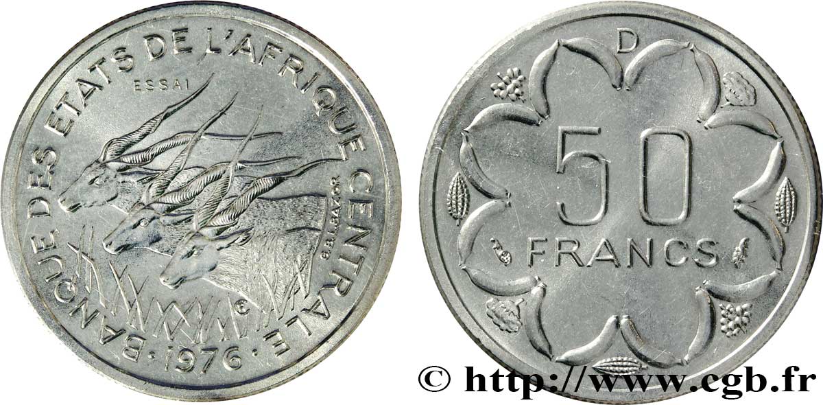 ÉTATS DE L AFRIQUE CENTRALE Essai de 50 Francs antilopes lettre ‘D’ Gabon 1976 Paris FDC 