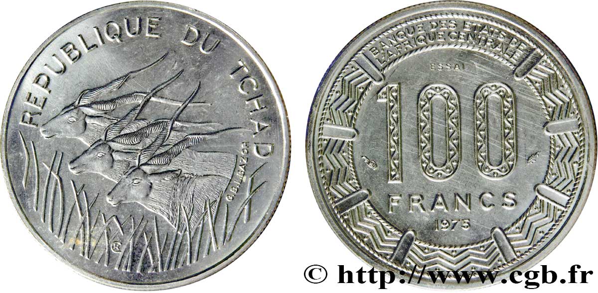 TCHAD Essai de 100 Francs type “BEAC”, antilopes 1975 Paris FDC 