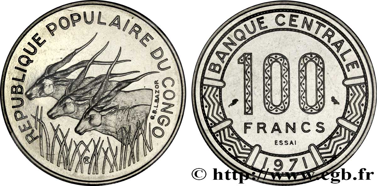 CONGO (RÉPUBLIQUE) Essai de 100 Francs type “Banque Centrale”, antilopes 1971 Paris FDC70 