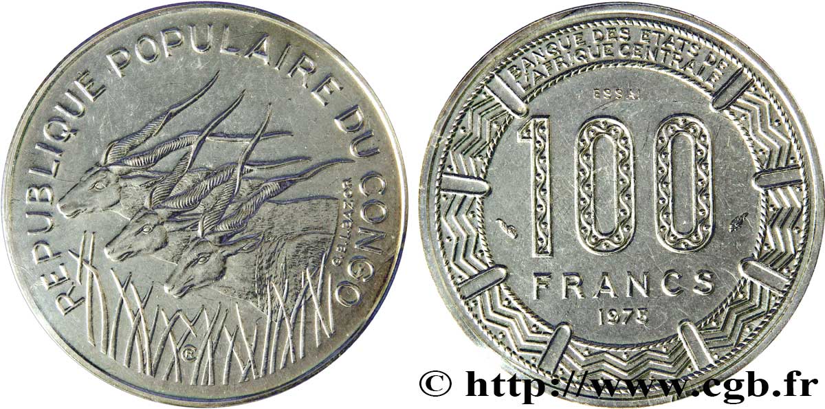 CONGO (RÉPUBLIQUE) Essai de 100 Francs type “BCEAC”, antilopes 1975 Paris FDC 
