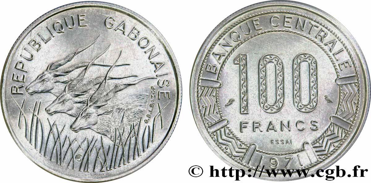 GABON Essai de 100 Francs antilopes type “Banque Centrale” 1971 Paris MS 