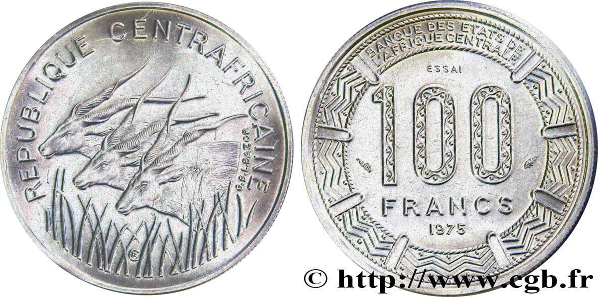 ZENTRALAFRIKANISCHE REPUBLIK Essai de 100 Francs antilopes type “BEAC” 1975 Paris ST 