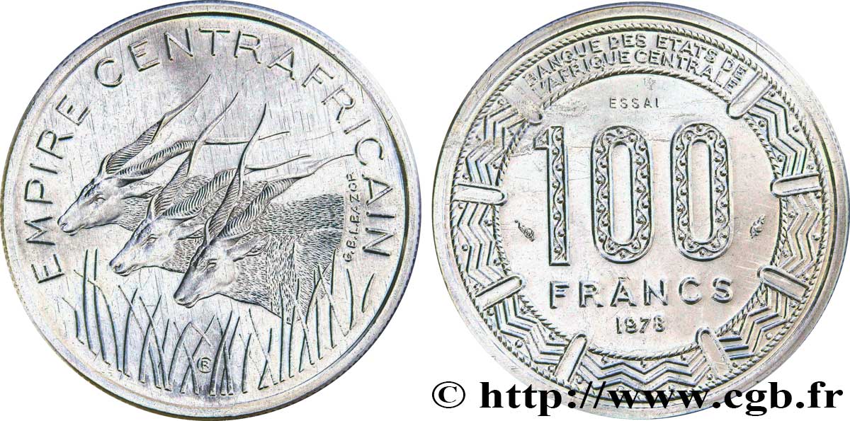 REPUBBLICA CENTRAFRICANA Essai de 100 Francs “Empire Centrafricain” antilopes 1978 Paris FDC 
