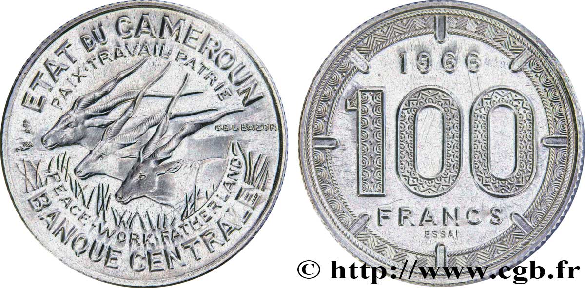 KAMERUN Essai 100 Francs Etat du Cameroun, commémoration de l’indépendance, antilopes 1966 Paris ST70 