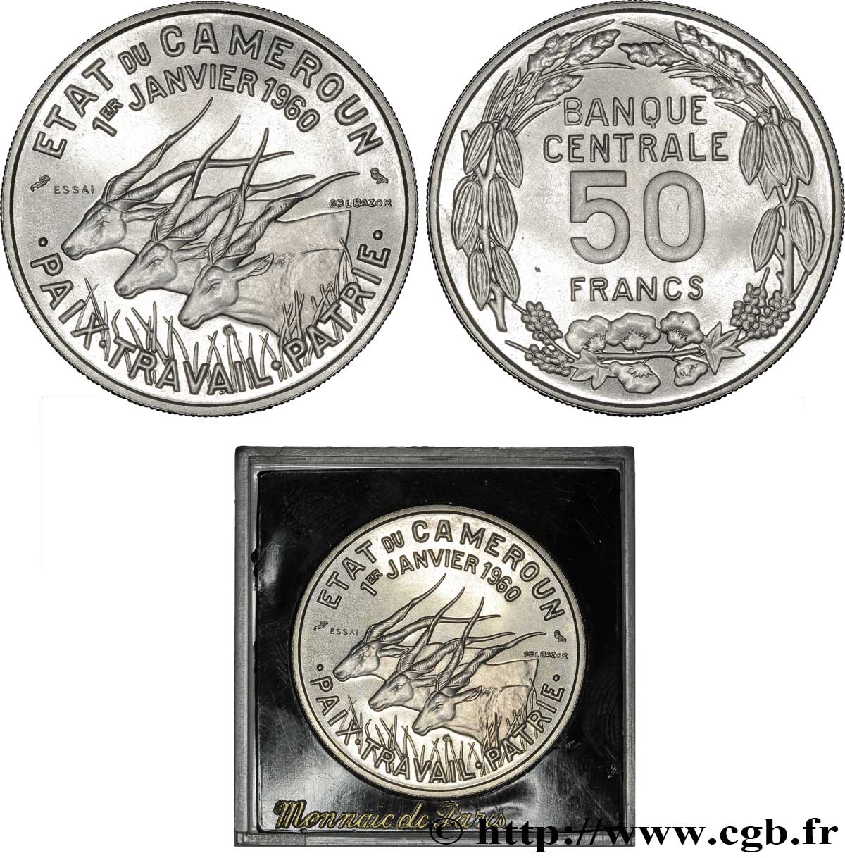 CAMERUN Essai 50 Francs Etat du Cameroun, commémoration de l’indépendance, antilopes 1960 Paris FDC 