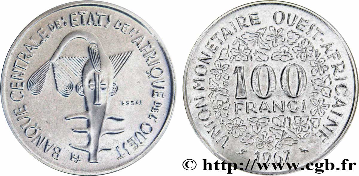 WEST AFRICAN STATES (BCEAO) Essai de 100 Francs masque sous sachet d’origine sans liseré tricolore 1967 Paris MS70 
