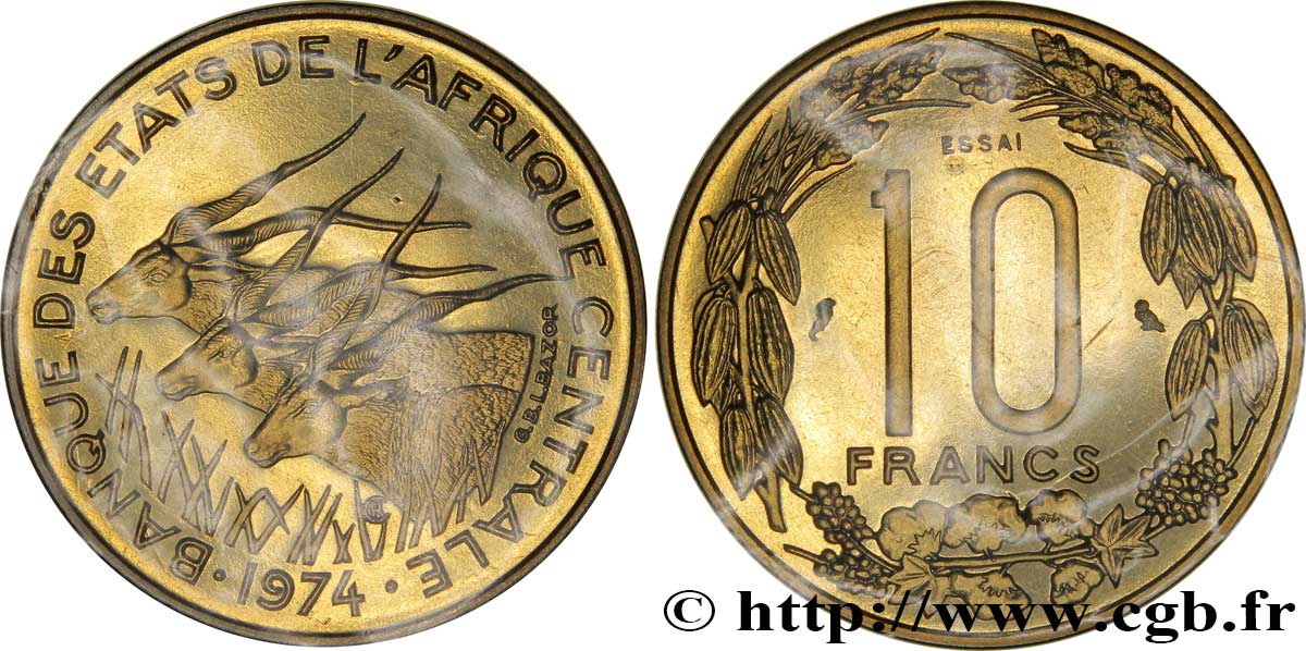 ZENTRALAFRIKANISCHE LÄNDER Essai de 10 Francs antilopes 1974 Paris ST 