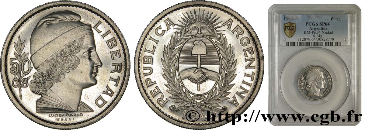 ARGENTINE - RÉPUBLIQUE ARGENTINE Essai de 50 Centavos Nickel 1940 Paris MS64 PCGS