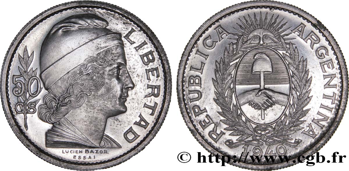 ARGENTINE Essai de 50 Centavos Nickel 1940 Paris FDC 
