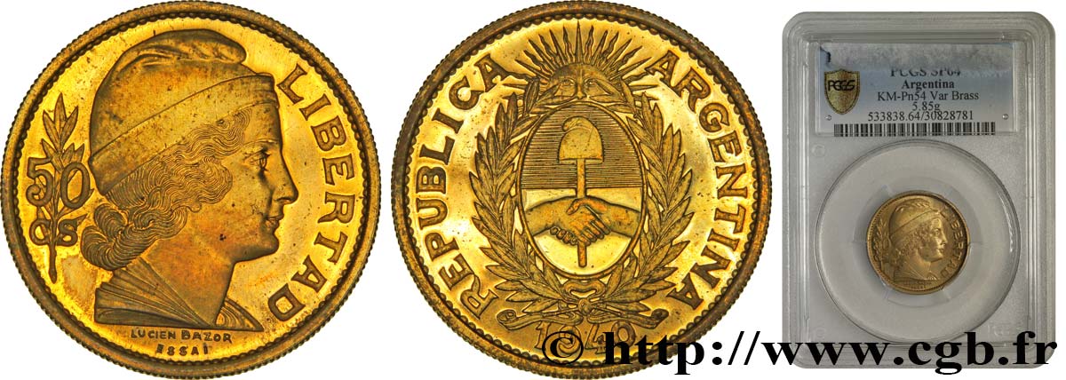 ARGENTINE - RÉPUBLIQUE ARGENTINE Essai de 50 Centavos Bronze ou laiton (?) 1940 Paris MS64 PCGS