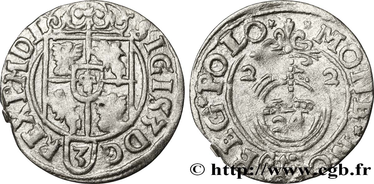 POLOGNE Vingt-quatrième de thaler ou poltorak koronny ou trois polker Sigismond III Vasa 1622 Cracovie TB+ 