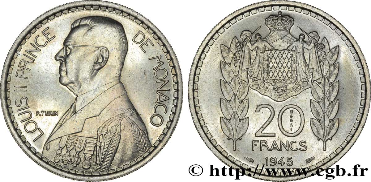 MONACO Essai de 20 Francs Turin Louis II 1945 Paris FDC 