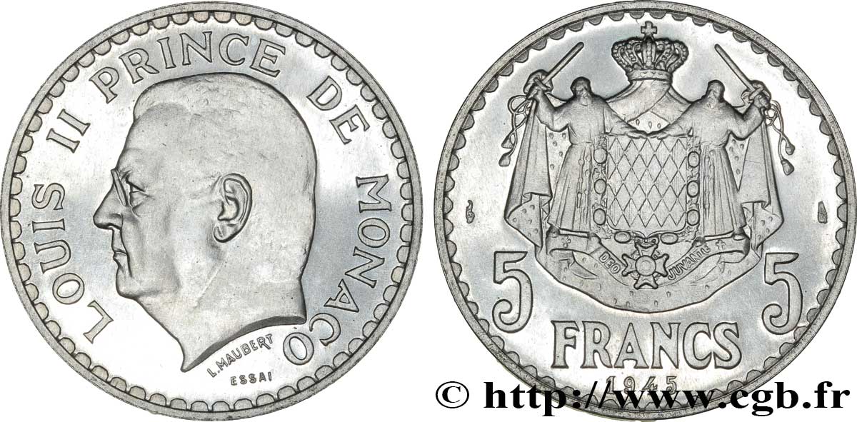 MONACO Essai de 5 Francs Louis II 1945 Paris FDC 