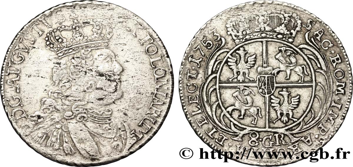 POLOGNE 8 Groschen Auguste III de Saxe / armes 1753  TB+/TTB 