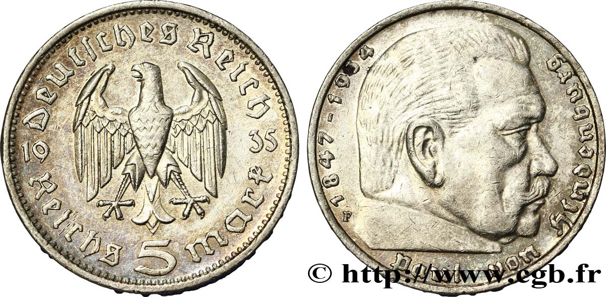 GERMANY 5 Reichsmark Aigle / Maréchal Paul von Hindenburg 1935 Stuttgart - F XF 